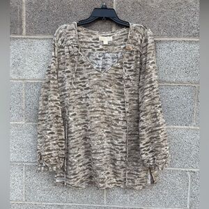 Michael Kors Tunic Top Large Brown Beige Animal Print Long Sleeve Tie V-Neck